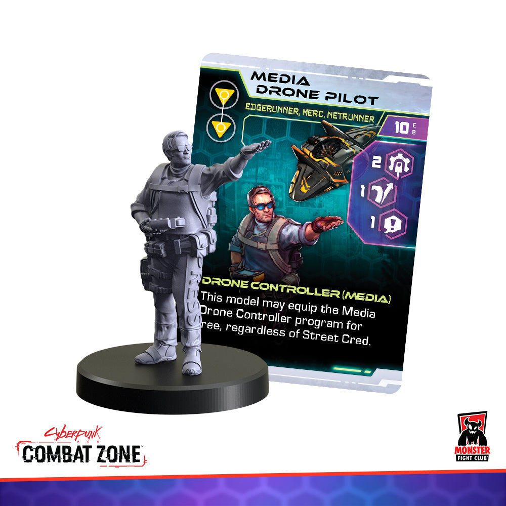 A gray miniature of a male drone pilot extends his arm, backed by a 'Media Drone Pilot' game card showing an illustrated pilot and drone
