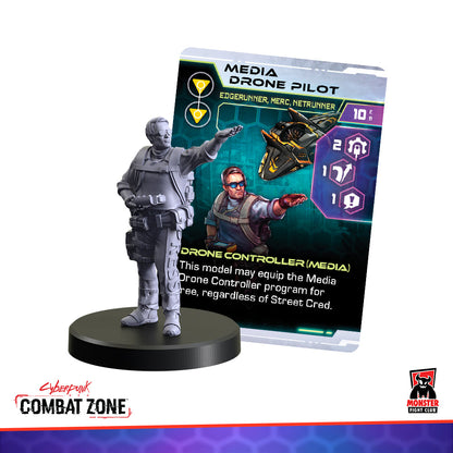 A gray miniature of a male drone pilot extends his arm, backed by a 'Media Drone Pilot' game card showing an illustrated pilot and drone