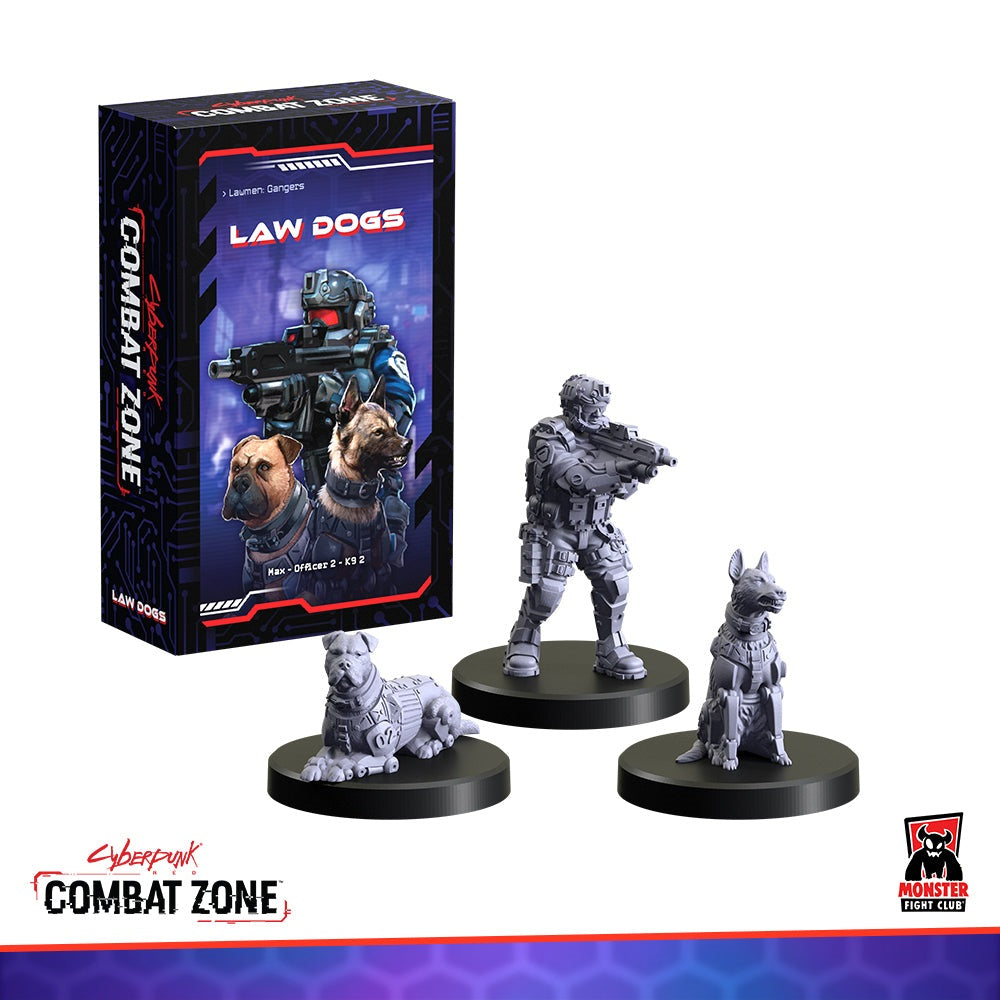 Cyberpunk Combat Zone: Law Dogs box and three unpainted miniatures: a futuristic soldier with a rifle, a sitting dog, and a lying dog