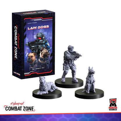 Cyberpunk Combat Zone: Law Dogs box and three unpainted miniatures: a futuristic soldier with a rifle, a sitting dog, and a lying dog