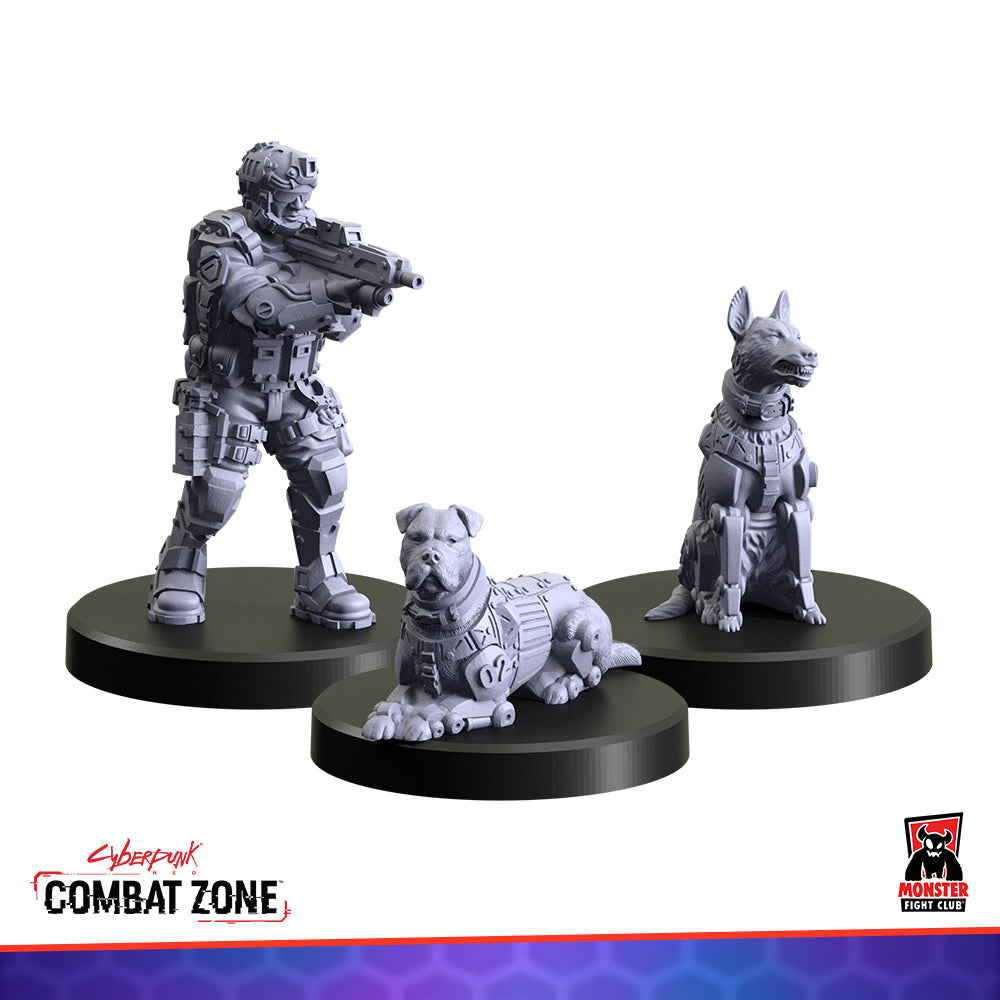 Three unpainted grey miniatures: a soldier aiming a rifle, a sitting cyber-dog, and a lying cyber-dog