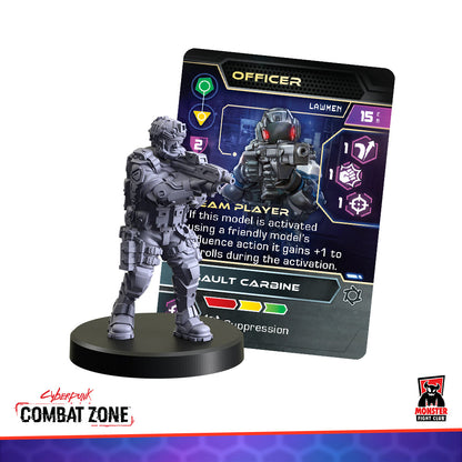 Grey sci-fi soldier miniature holding a rifle, next to a Cyberpunk Combat Zone 'Officer' game card