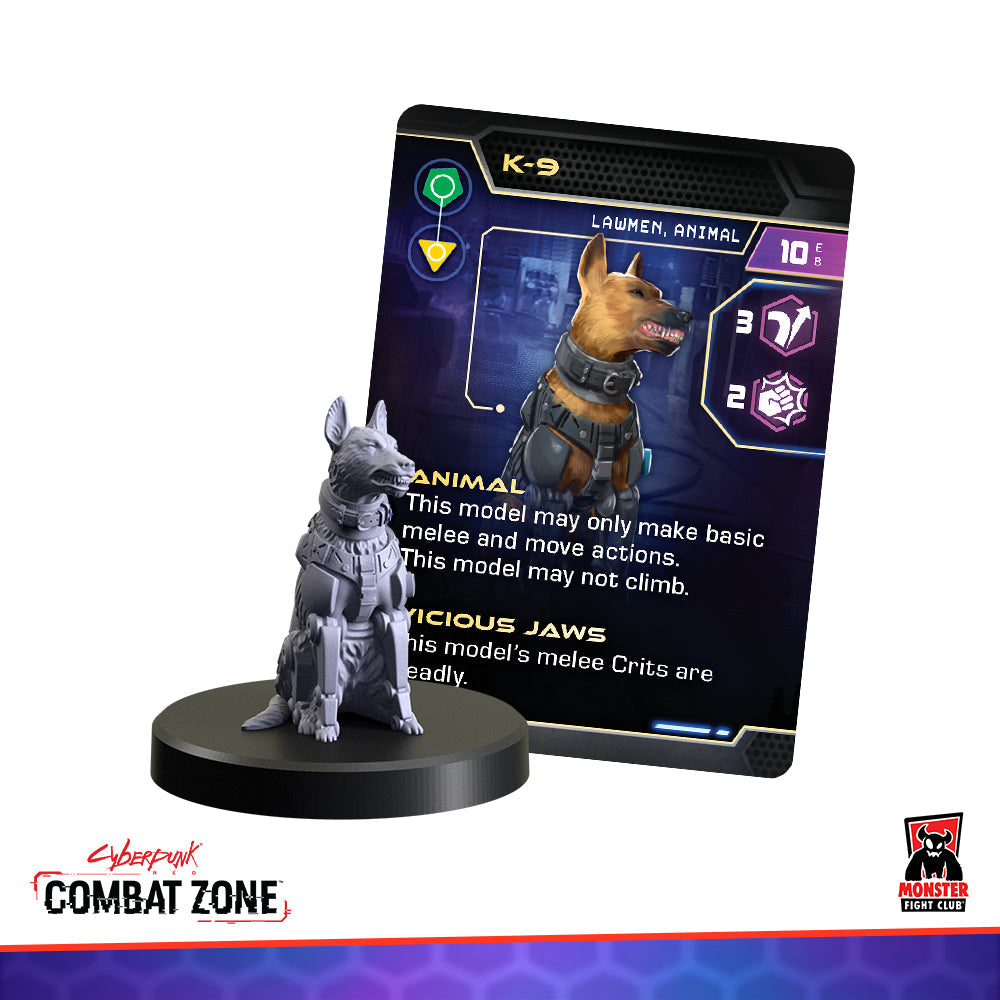 Cyberpunk Combat Zone K-9 unit: A grey cybernetic dog miniature sits beside its game card