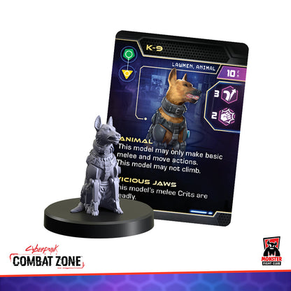 Cyberpunk Combat Zone K-9 unit: A grey cybernetic dog miniature sits beside its game card