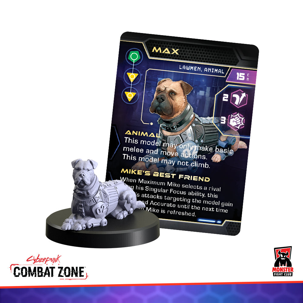 Cyberpunk Combat Zone armored dog miniature, 'MAX', shown with its character game card