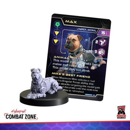 Cyberpunk Combat Zone armored dog miniature, 'MAX', shown with its character game card