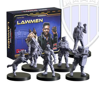 Unpainted Lawmen Starter Gang miniatures (police and dogs) and game box for Cyberpunk Combat Zone