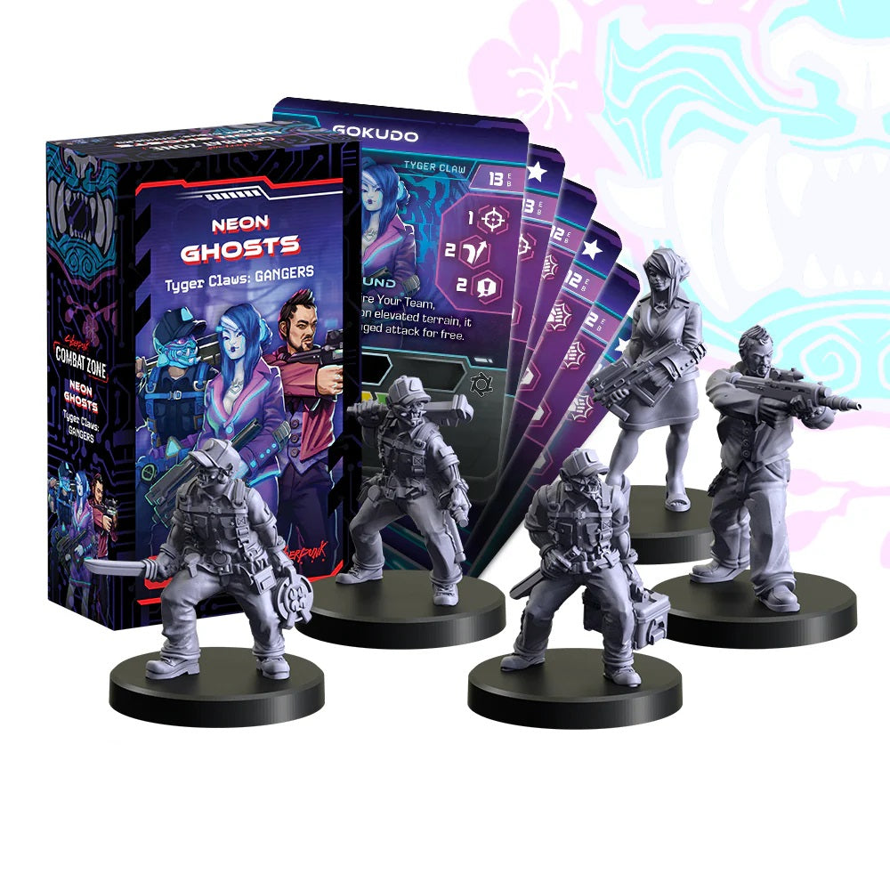 Combat Zone Neon Ghosts: Tyger Claws Gangers game box, five unpainted gray miniatures and character cards