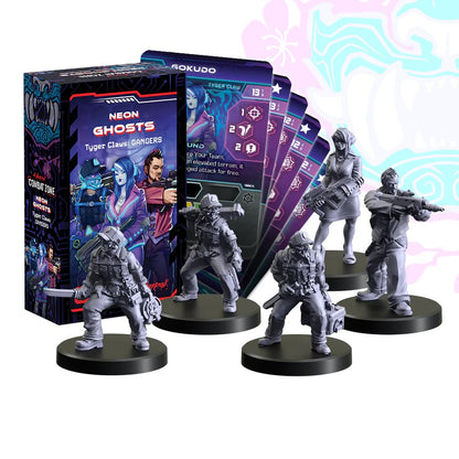 Combat Zone Neon Ghosts: Tyger Claws Gangers game box, five unpainted gray miniatures and character cards