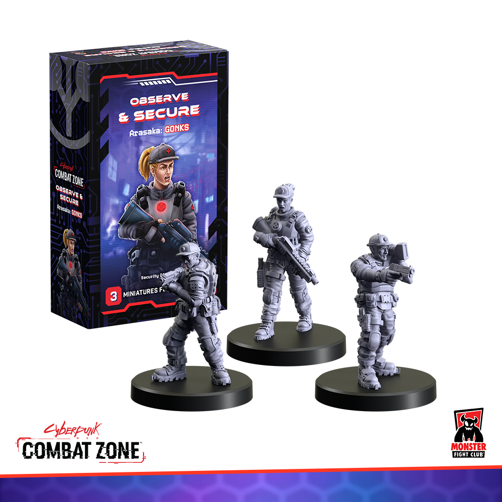 Cyberpunk Combat Zone: Observe & Secure box & 3 unpainted Arasaka miniatures, posed with rifles and a scanner