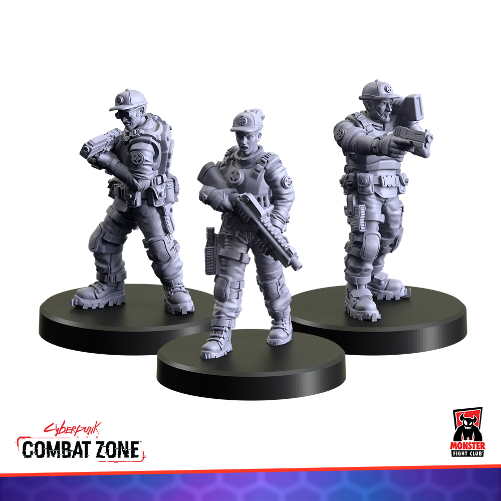 Three grey futuristic soldier miniatures on black bases. One aims a pistol, another a rifle, and the third a large cannon