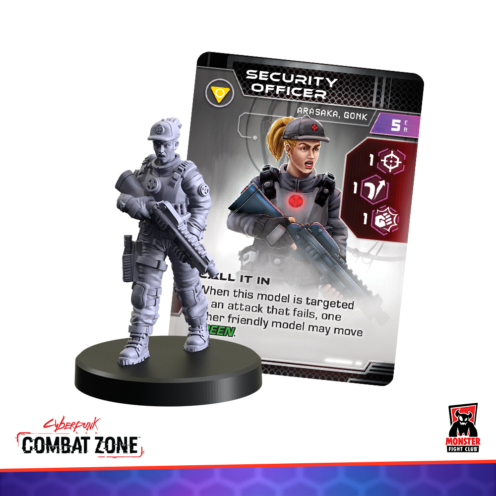 Unpainted female Cyberpunk Security Officer miniature holding a rifle, standing beside her matching game card
