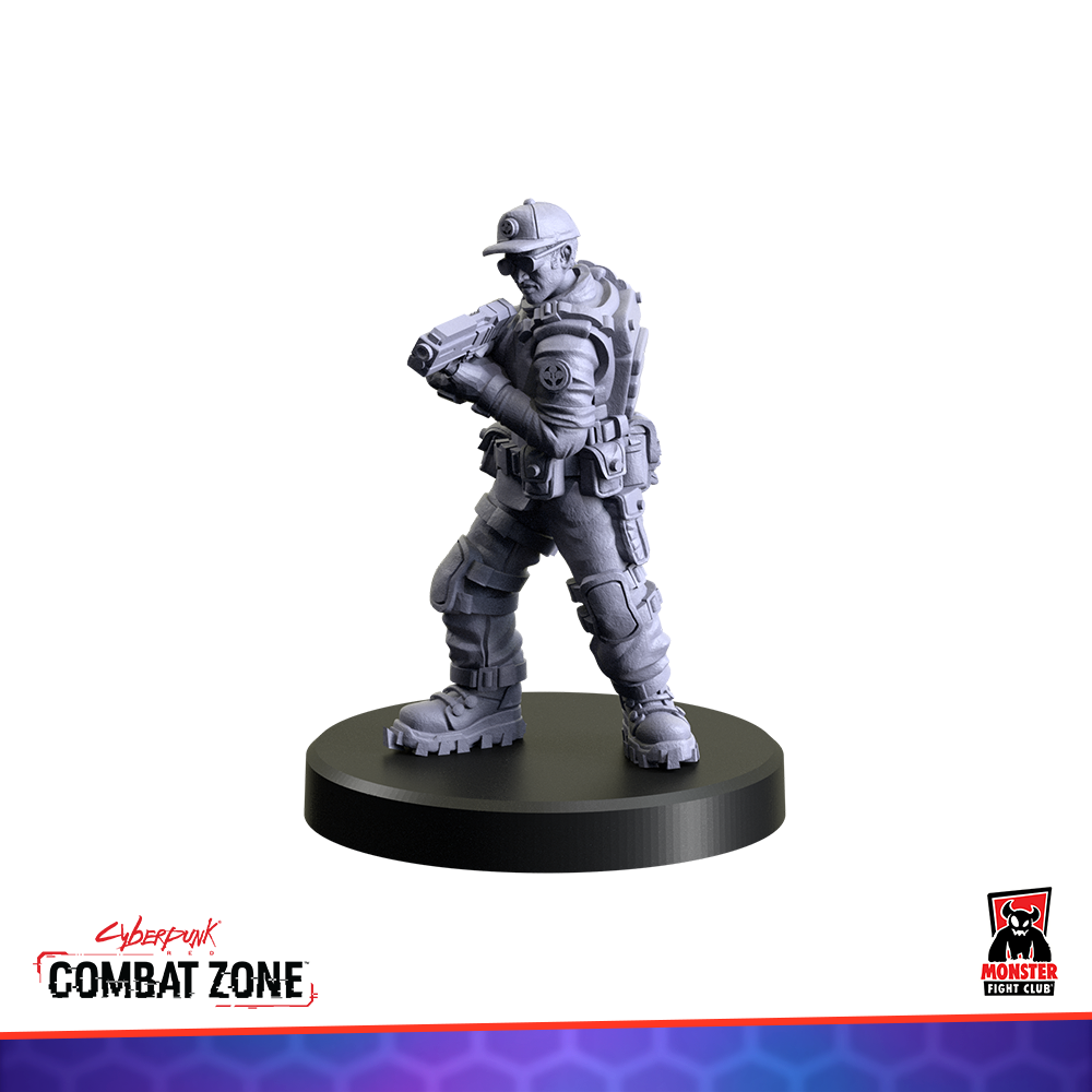 Unpainted grey cyberpunk miniature aims a pistol. Dressed in tactical gear, a cap, and kneepads