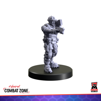Monochrome cyberpunk soldier miniature in tactical gear, aiming a large-scoped firearm