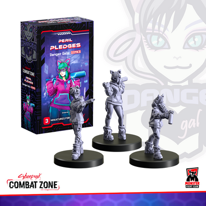Cyberpunk Combat Zone game box and three unpainted grey female miniatures holding a bat, gun, and spray can