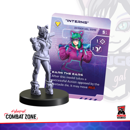 A gray female cyberpunk miniature with cat ears, goggles, and a bat stands next to its colorful character card