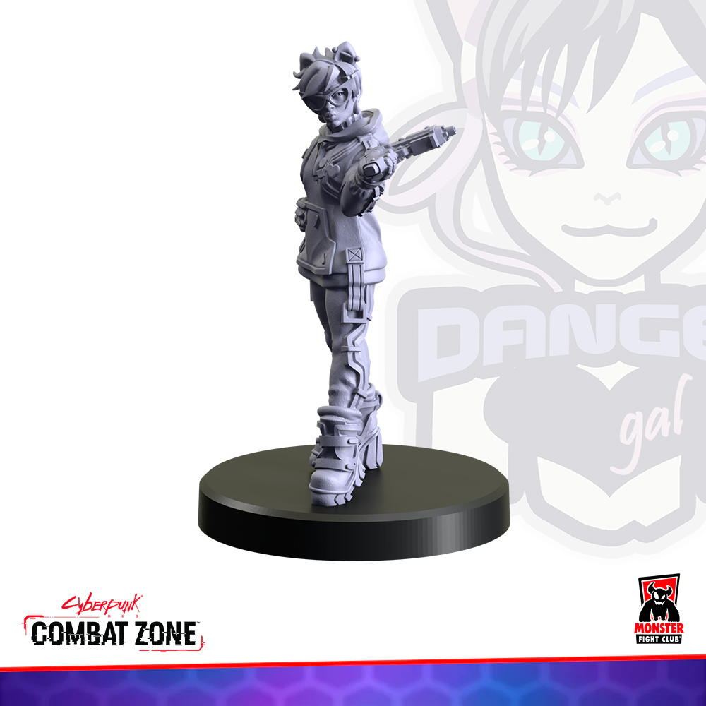 Gray unpainted miniature of a cyberpunk woman with goggles and cat ears, aiming a pistol
