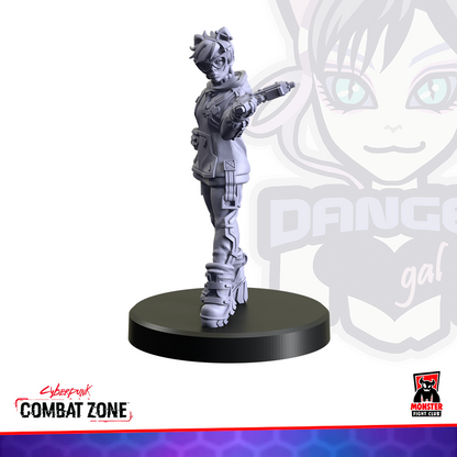 Gray unpainted miniature of a cyberpunk woman with goggles and cat ears, aiming a pistol