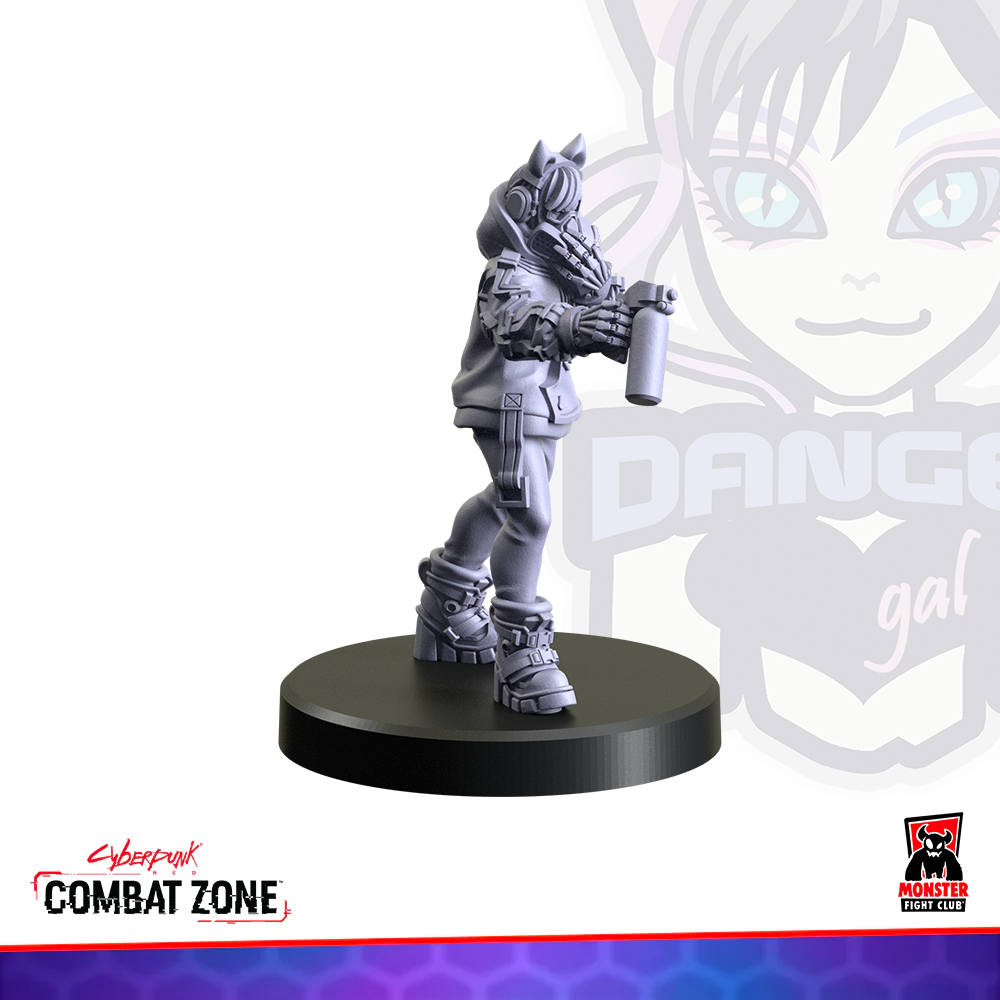 Grey cyberpunk miniature figure with cat-eared hood and mask, holding a spray can, on a round base
