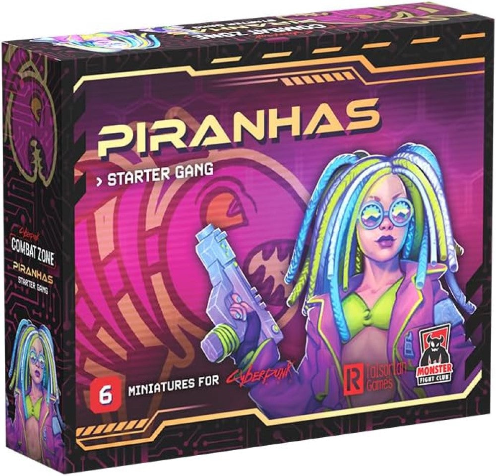 Cyberpunk Combat Zone Piranhas Starter Gang box art: A woman with blue and yellow dreads holds a futuristic gun