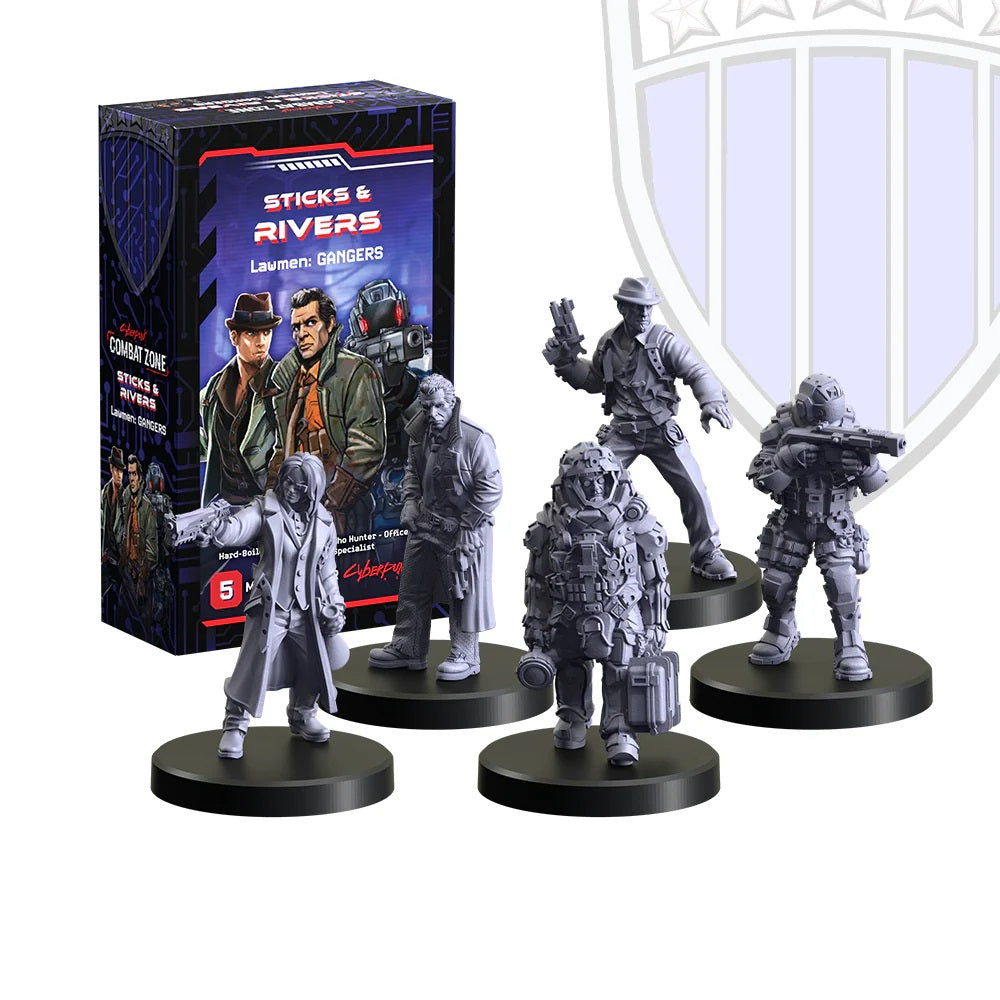 Sticks & Rivers: Lawmen: Gangers game box with five unpainted cyberpunk miniatures in dynamic action poses