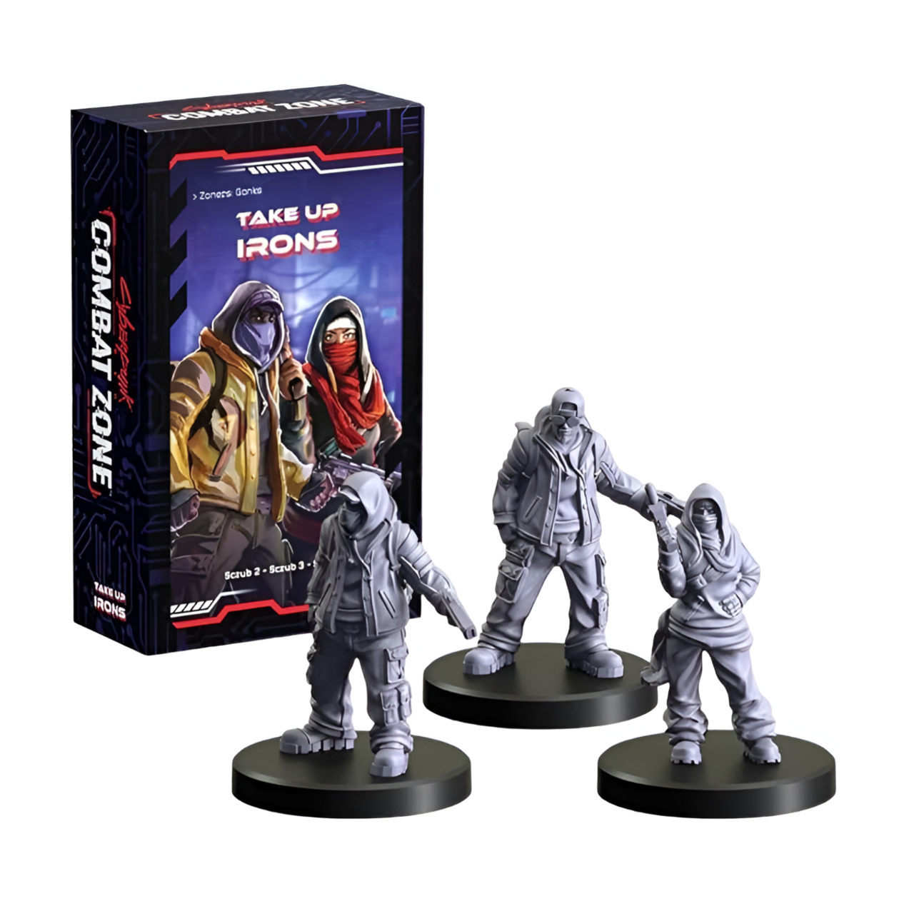 Cyberpunk Combat Zone 'Take Up Irons' game box and three unpainted grey miniature figures on black bases