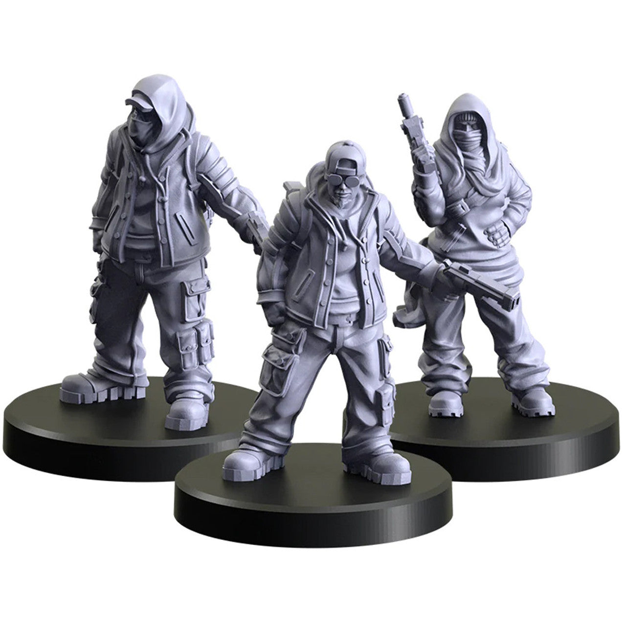 Three grey unpainted miniature figures on black bases, wearing tactical gear with obscured faces