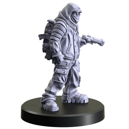 Unpainted sci-fi miniature of a masked, hooded figure in tactical gear with a backpack and pistol, standing on a black base