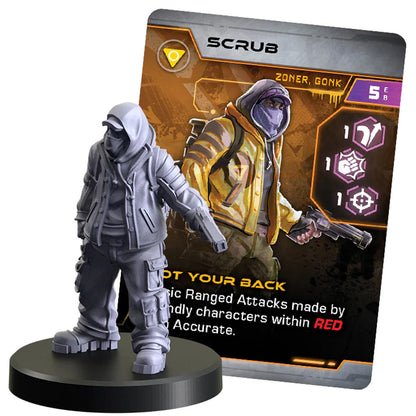 Unpainted miniature figure on black base next to a game card titled 'SCRUB', featuring an illustration of a character in a yellow jacket, purple mask, holding a revolver