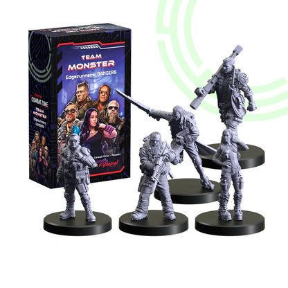 Combat Zone: Edgerunners Gangers game box and five unpainted cyberpunk miniatures in dynamic poses