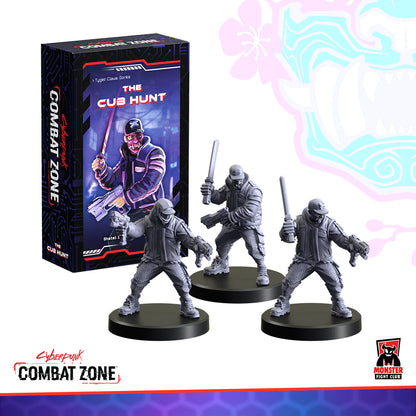 Cyberpunk Combat Zone: The Cub Hunt game box with three armed character miniatures