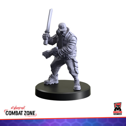Grey cyberpunk miniature figure holding a sword raised and a pistol ready on a black base
