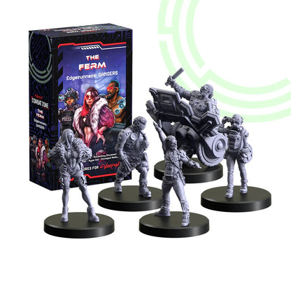 The Ferm Edgerunners: Gangers game box shown with five unpainted Cyberpunk miniatures, including a biker