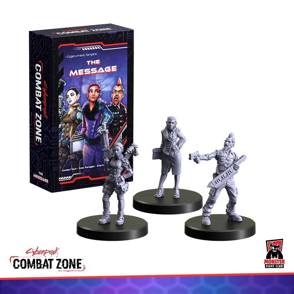 Cyberpunk Combat Zone: The Message box and three unpainted miniatures: a tech, an exec, and a punk with keytar