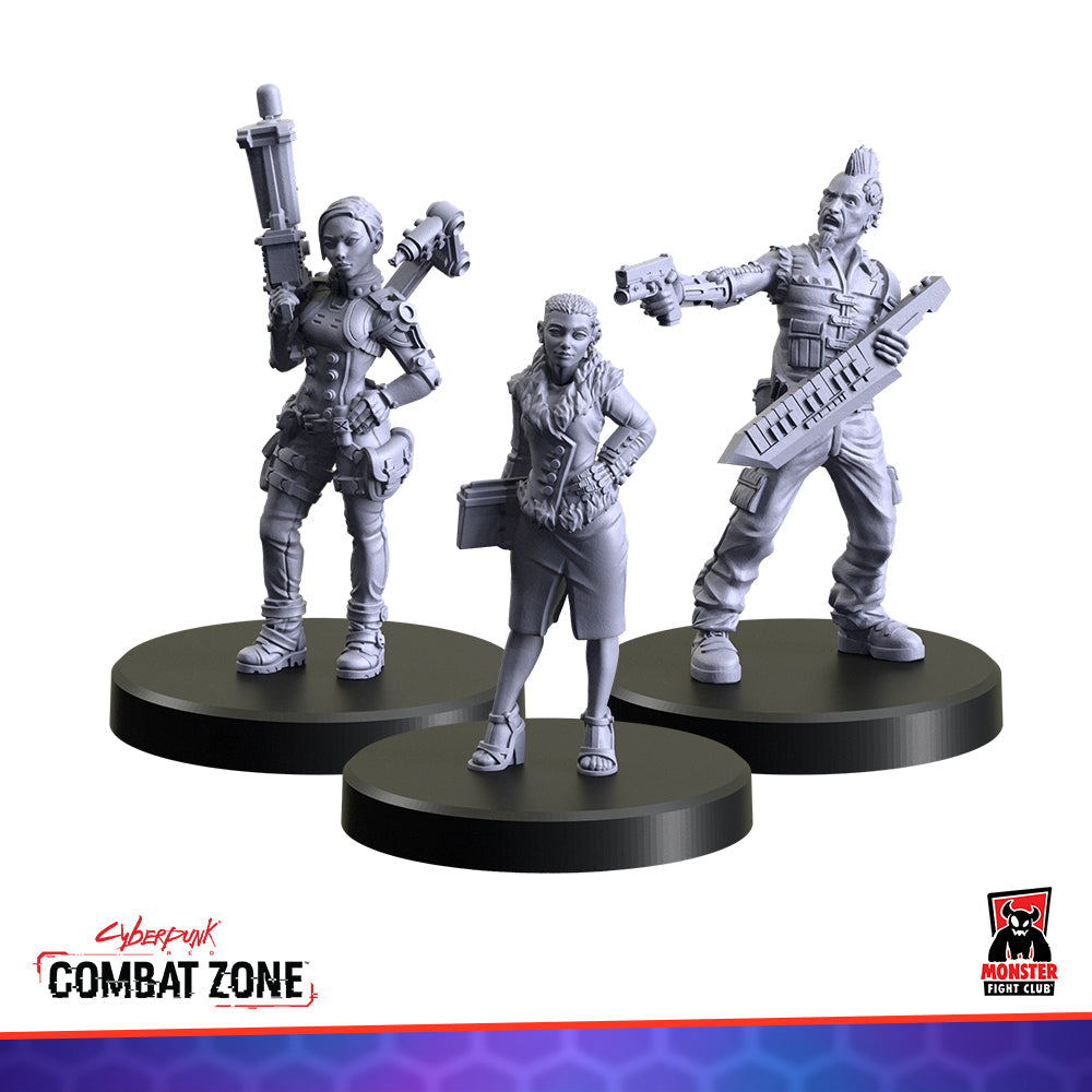 Three unpainted grey miniatures: a cyberpunk woman with a rifle, another with a tablet, and a man with a pistol and keytar