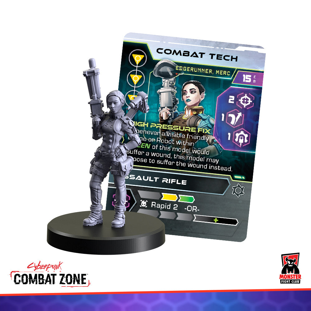 A gray female cyberpunk miniature holding a rifle stands next to a "Combat Tech" game card
