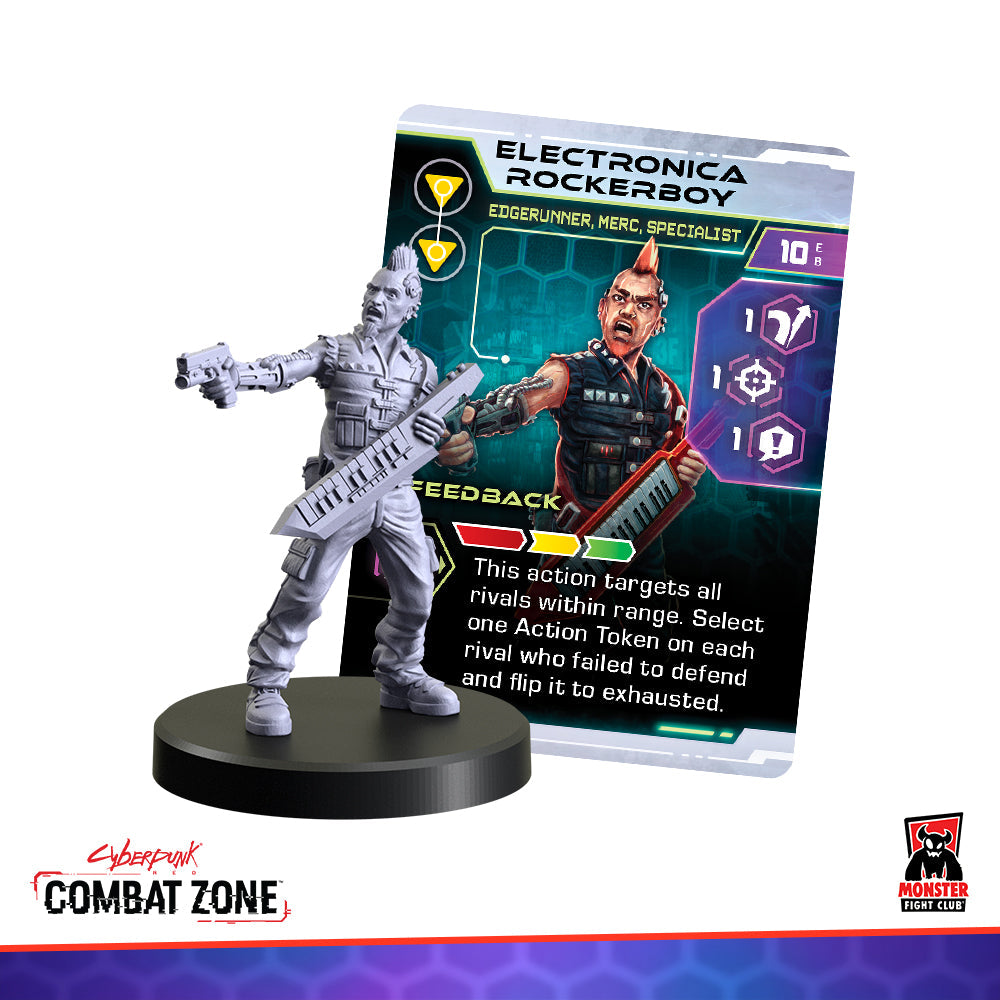 An unpainted Electronica Rockerboy miniature wielding a keytar and pistol, beside its colorful character game card
