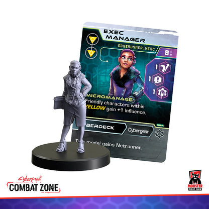 An unpainted gray female miniature in business attire holding a briefcase, beside its "Exec Manager" game card