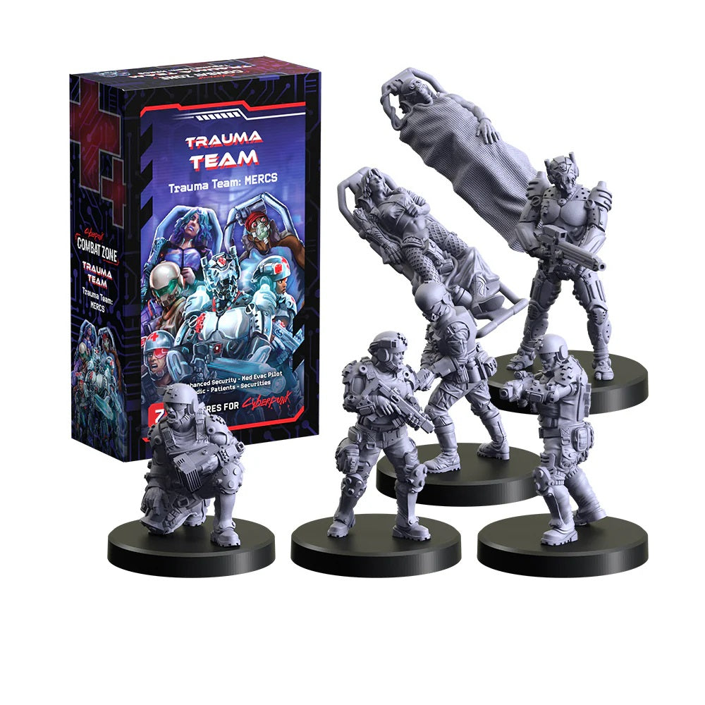 Unpainted Trauma Team miniatures (armed medics and patients) displayed with the Cyberpunk MERCS box set