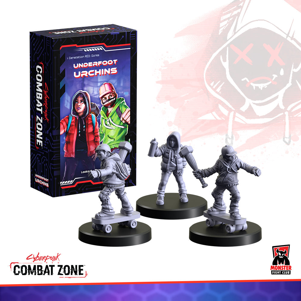 Box for Cyberpunk Combat Zone: Underfoot Urchins, with three gray miniatures. Two ride skateboards, one holds a hammer