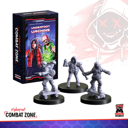 Box for Cyberpunk Combat Zone: Underfoot Urchins, with three gray miniatures. Two ride skateboards, one holds a hammer