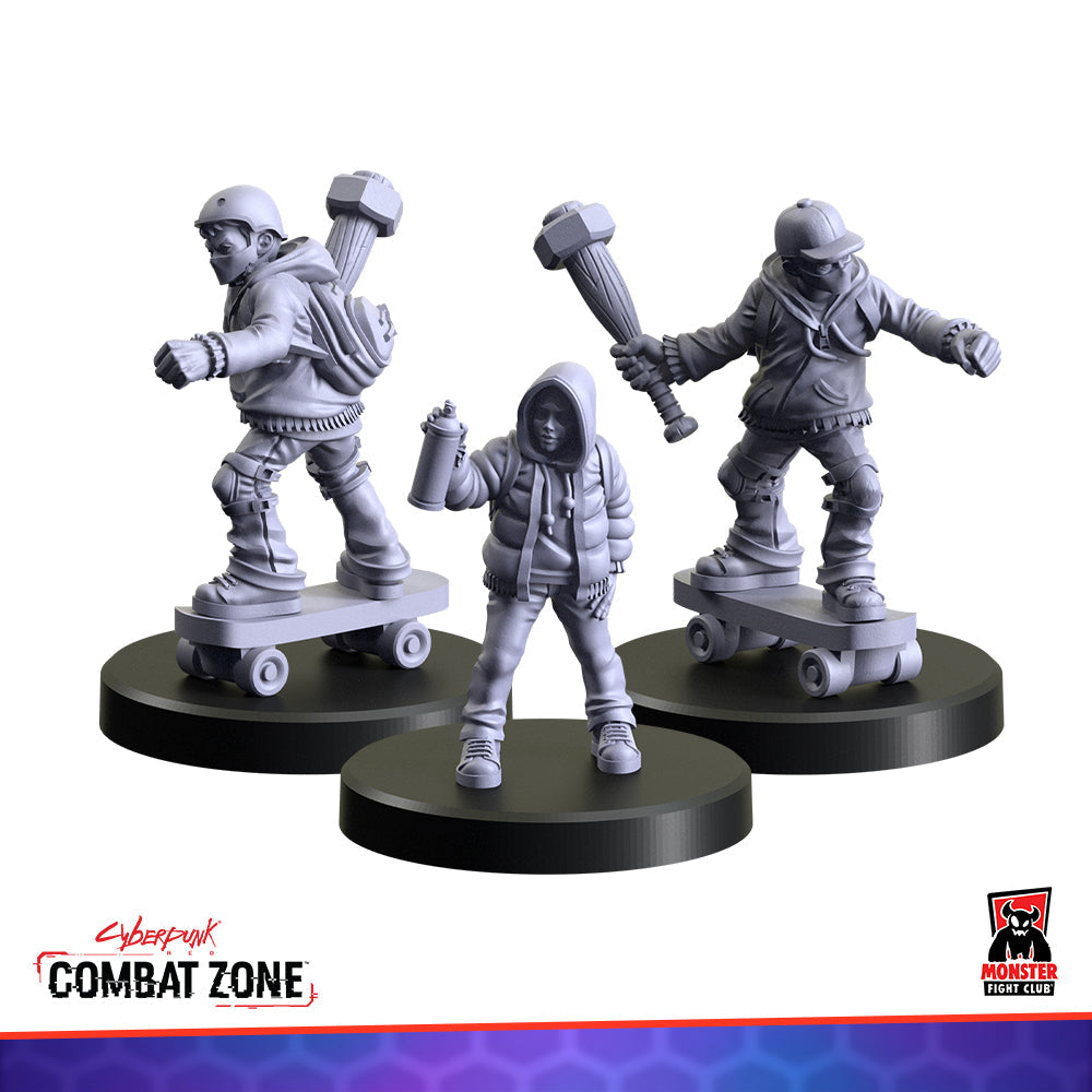 Three unpainted grey miniatures. One holds a spray can, two ride skateboards; one wields a large bolt-shaped club