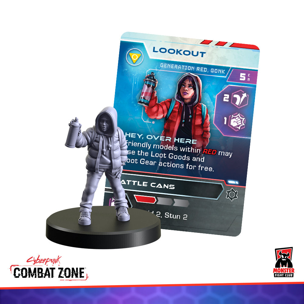 Unpainted miniature of a hooded "Lookout" character holding a spray can, with its matching game card behind it