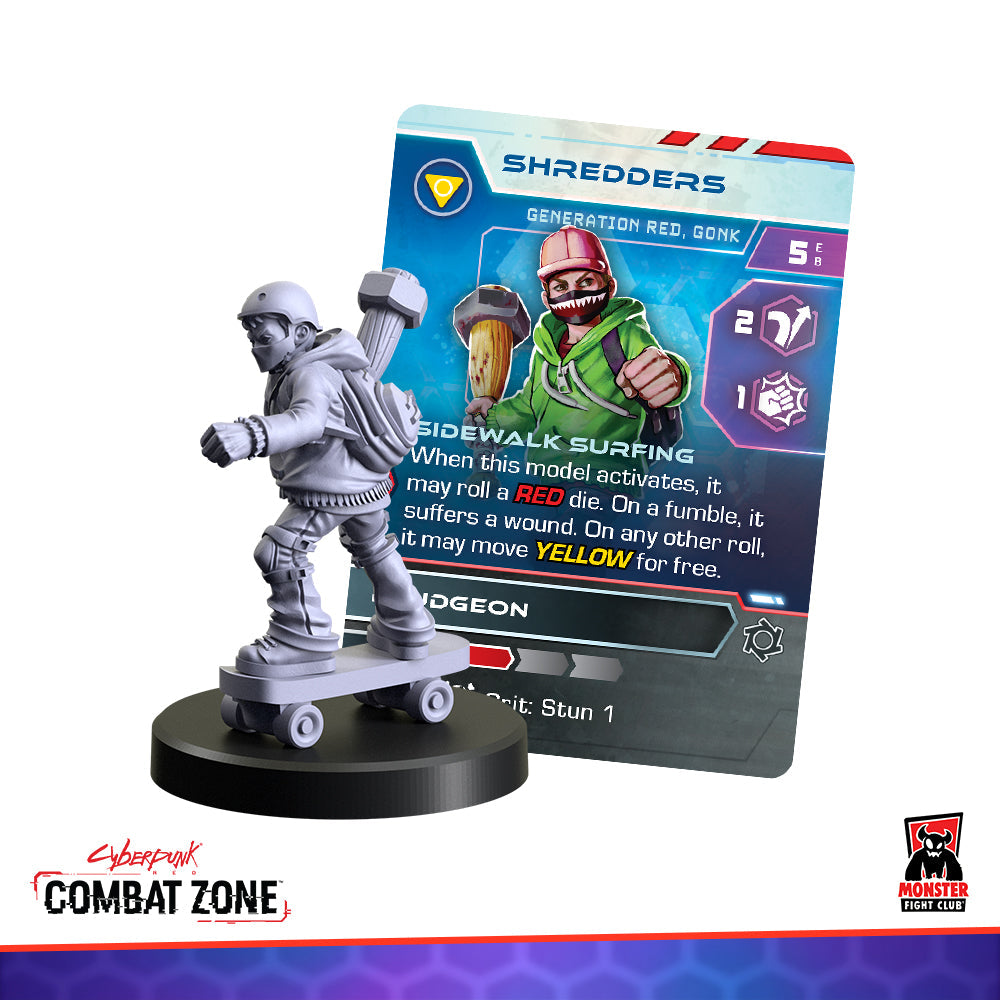 An unpainted gray miniature of a Shredders character skateboarding, next to its game card
