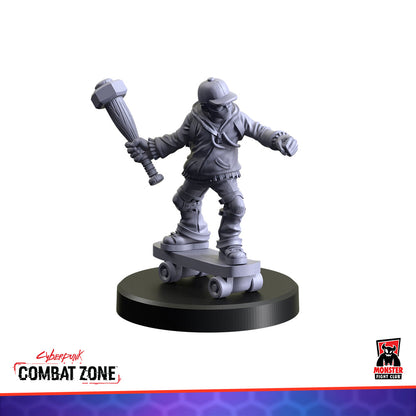 Gray miniature of a masked character in a cap, hoodie, knee pads, on a skateboard, holding a mace