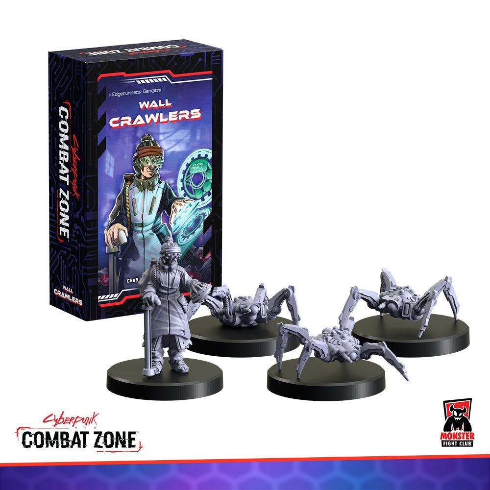 Cyberpunk Combat Zone 'Wall Crawlers' box shown with one unpainted human and three spider-robot miniatures