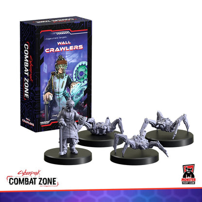 Cyberpunk Combat Zone 'Wall Crawlers' box shown with one unpainted human and three spider-robot miniatures