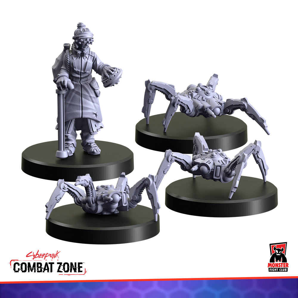Unpainted Cyberpunk miniatures: a character holding a cane and a device, plus three mechanical spider-bots