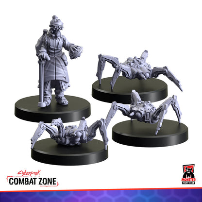 Unpainted Cyberpunk miniatures: a character holding a cane and a device, plus three mechanical spider-bots