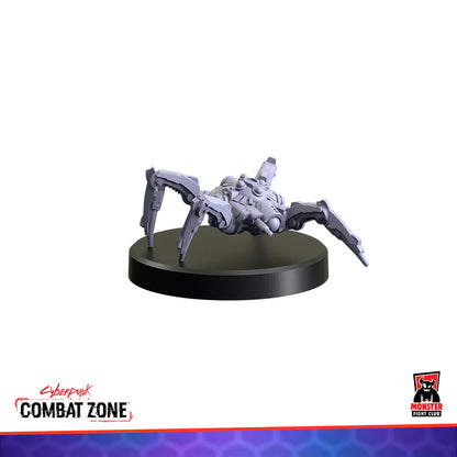 Light gray, eight-legged robot spider miniature on a black circular base